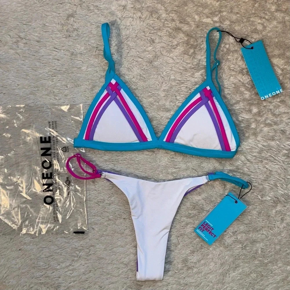 NWT OneOne Swimwear Bikini Set Pristine Hailey Alli Skimpy NEW White Small Blue - Picture 2 of 5
